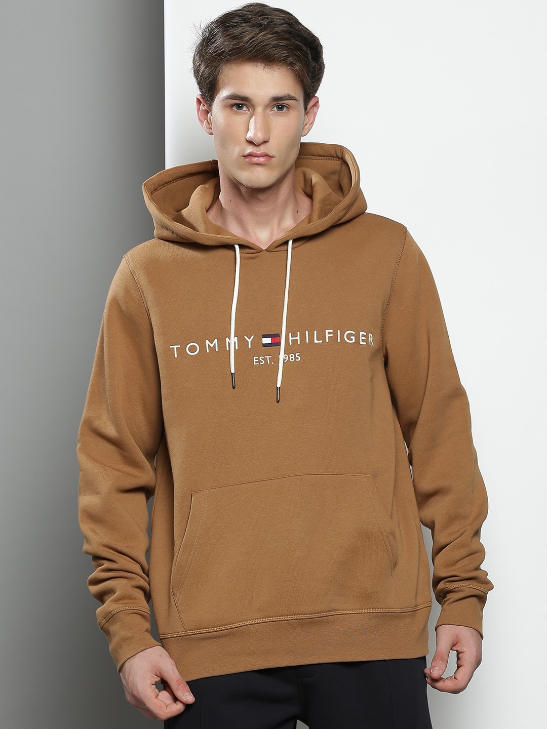 

Tommy Hilfiger Men Camel Brown & Beige Brand Logo Printed Hooded Sweatshirt