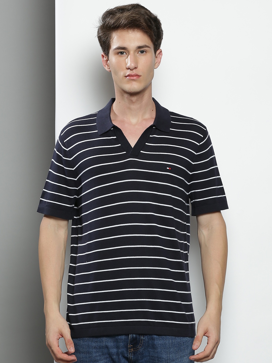 

Tommy Hilfiger Men Navy Blue & White Striped Polo Collar Pure Cotton T-shirt