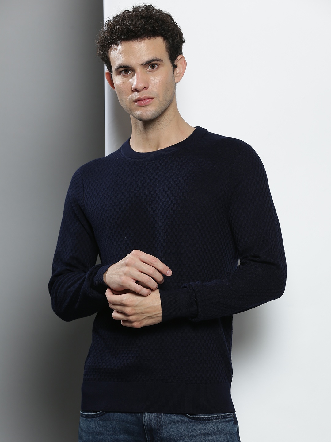 

Tommy Hilfiger Men Navy Blue Solid Pullover Sweater