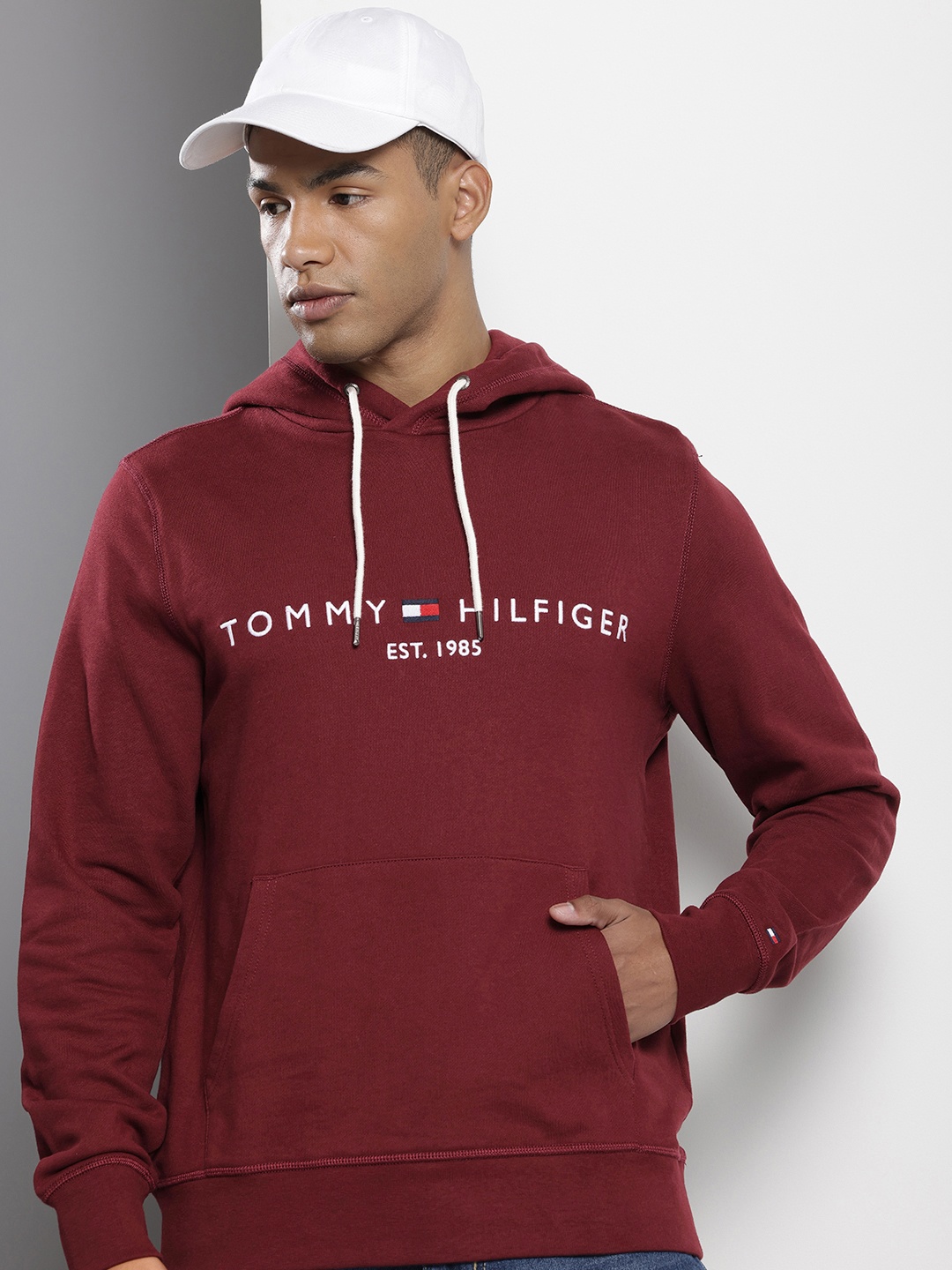 

Tommy Hilfiger Pure Cotton Brand Logo Embroidered Hooded Sweatshirt, Maroon