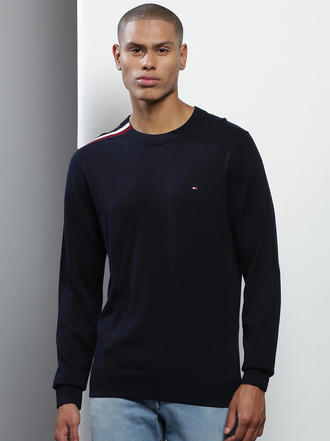

Tommy Hilfiger Men Navy Blue Solid Cotton Pullover