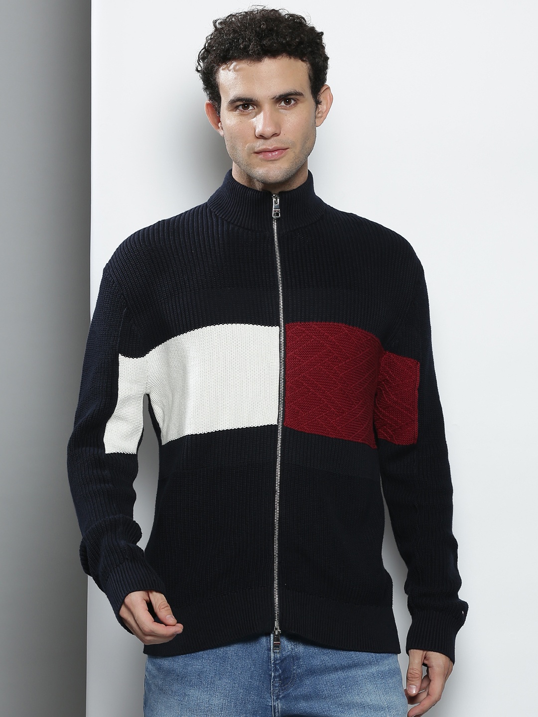 

Tommy Hilfiger Men Navy Blue & White Striped Cotton Front-Open Sweater