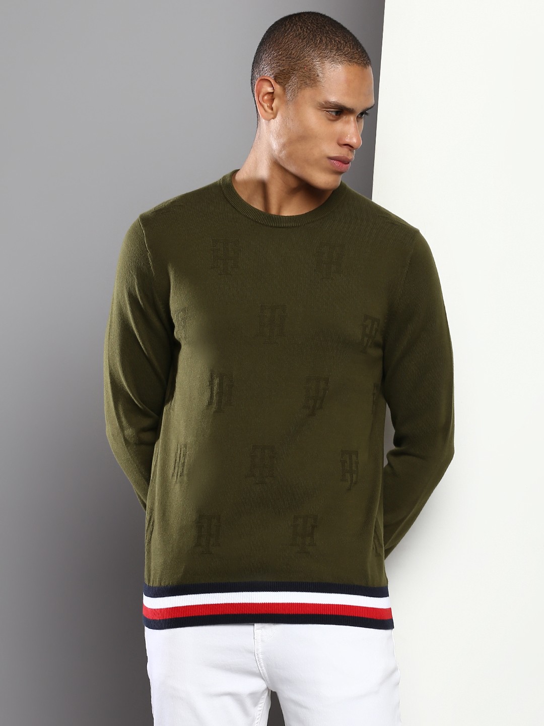 

Tommy Hilfiger Men Self Design Brand Logo Pure Cotton Pullover, Olive