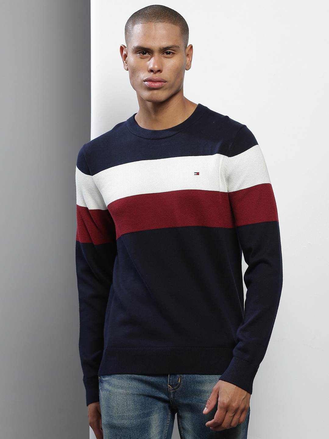 

Tommy Hilfiger Men Navy Blue & White Striped Cotton Pullover