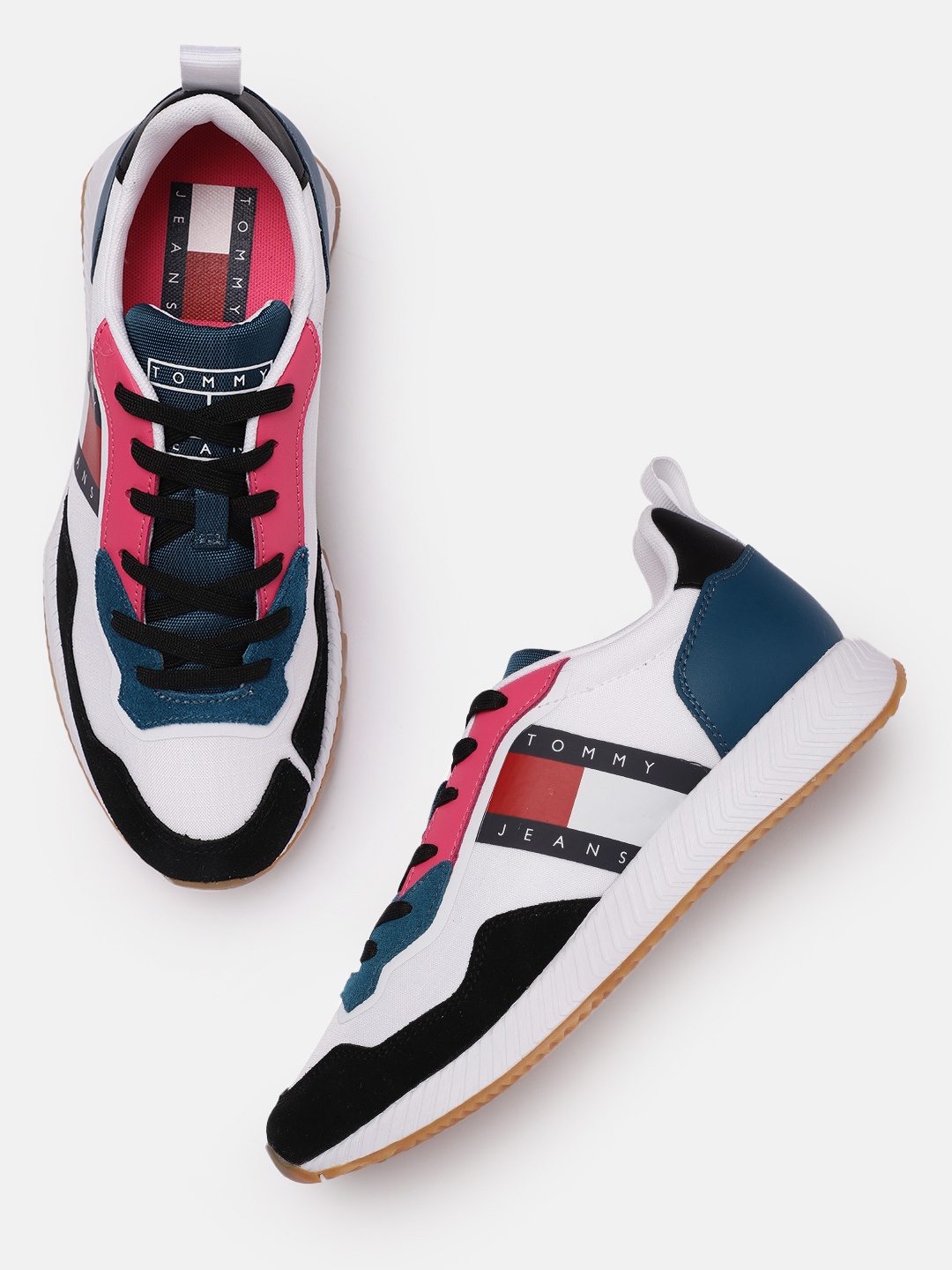 

Tommy Hilfiger Women White & Teal Blue Colourblocked Regular Sneakers