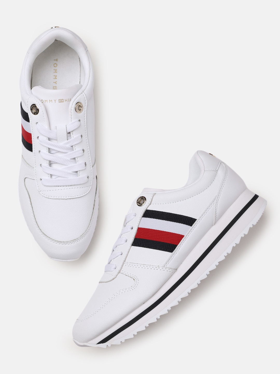 

Tommy Hilfiger Women White Striped Leather Sneakers