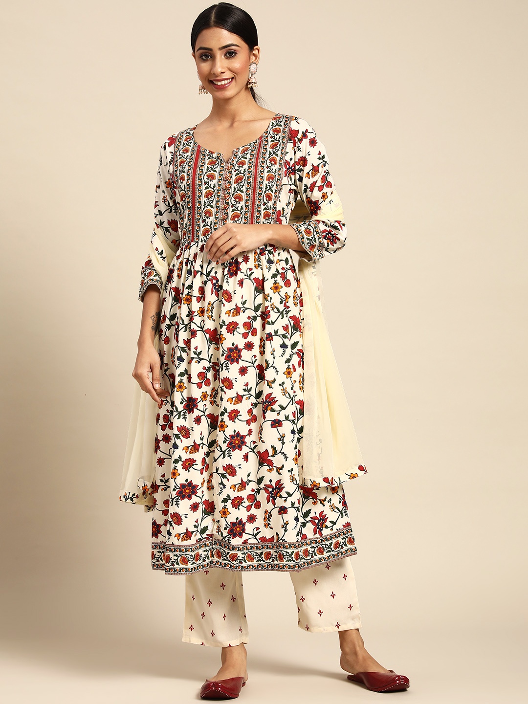 

Prakhya Women Cream-Coloured Printed Kurta with Palazzos & Dupatta