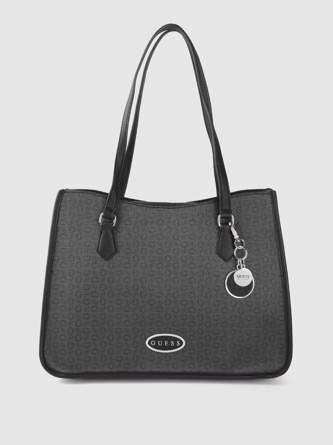 

GUESS Women Charcoal Grey & Black Brand Logo Print Structured Shoulder Bag