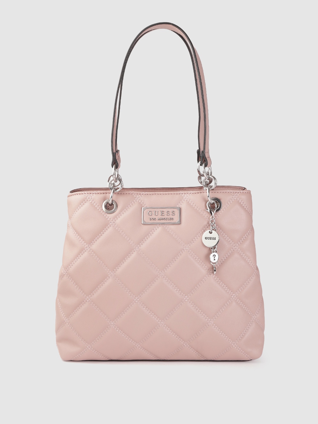 

GUESS Pink Quilted Structured Shoulder Bag with Tab & Pouch