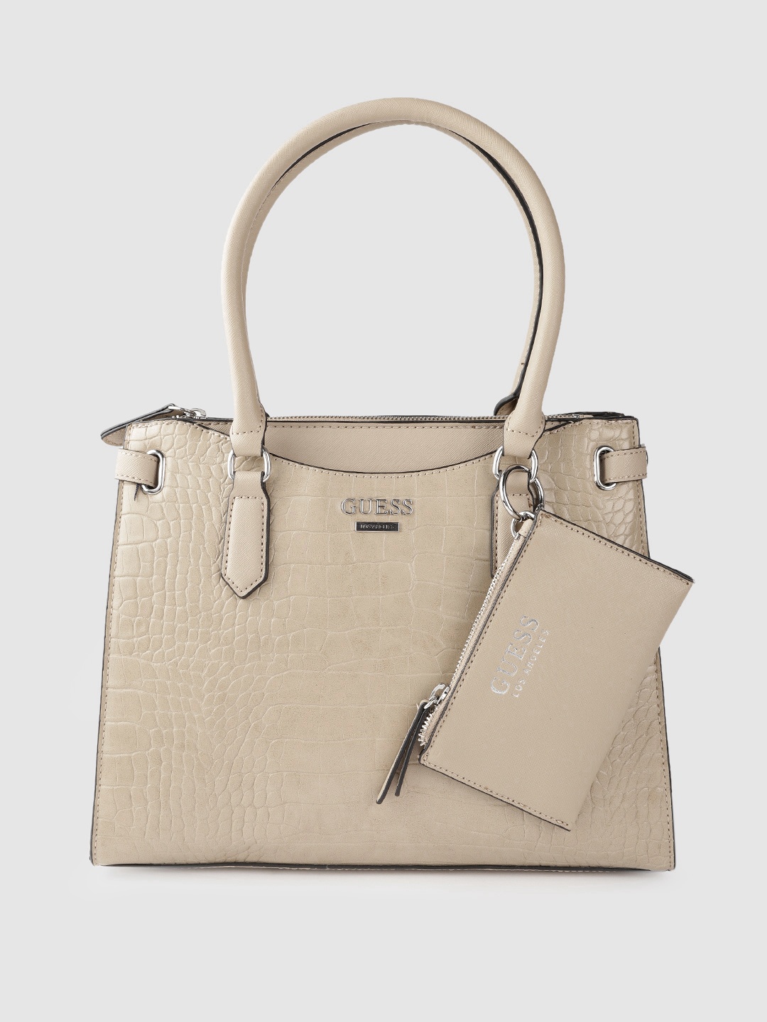 

GUESS Women Beige Croc-Textured Structured Handheld Bag