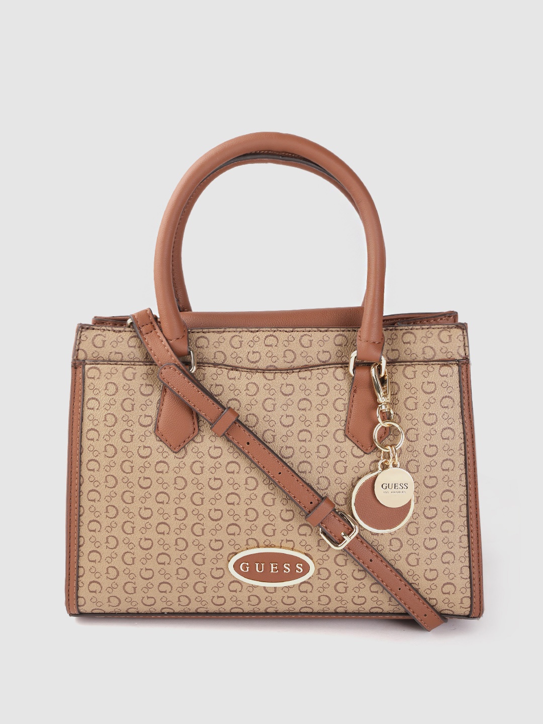 

GUESS Women Beige & Brown Brand Logo Printed Structured Handheld Bag