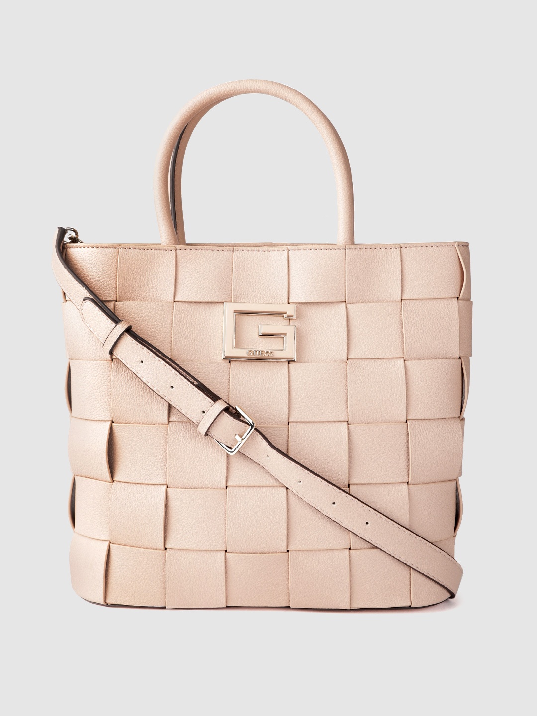 

GUESS Beige Basket Woven Structured Handheld Bag with Detachable Sling Strap & Pouch