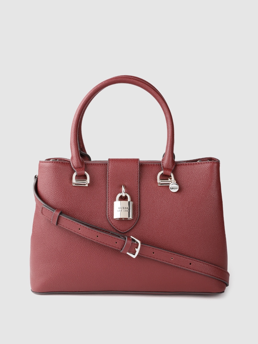 

GUESS Burgundy Solid Structured Shoulder Bag with Detachable Sling Strap & Pouch
