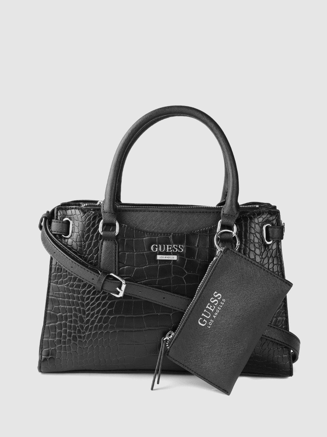 

GUESS Black Croc Textured Structured Handheld Bag with Detachable Sling Strap & Pouch