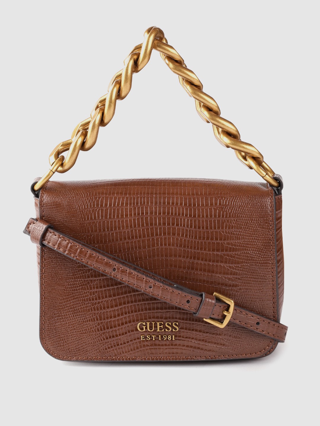 

GUESS Women Coffee Brown Snakeskin Textured Structured Satchel
