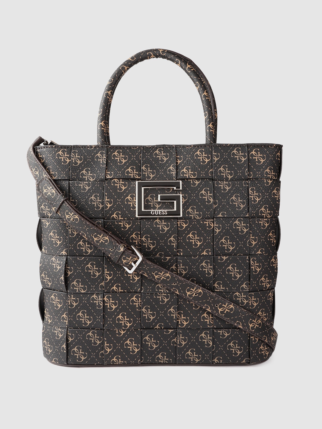 

GUESS Coffee Brown & Beige Basket Woven & Brand Logo Printed Handheld Bag Pouch & Strap