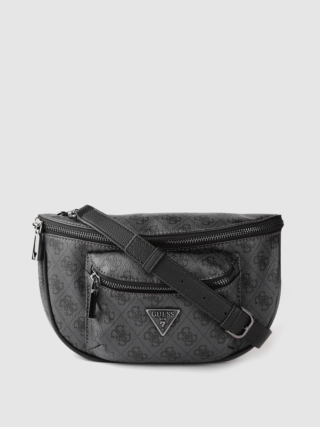 

GUESS Women Charcoal Grey & Black Checked & Brand Logo Print Fanny Pack with Sling Strap