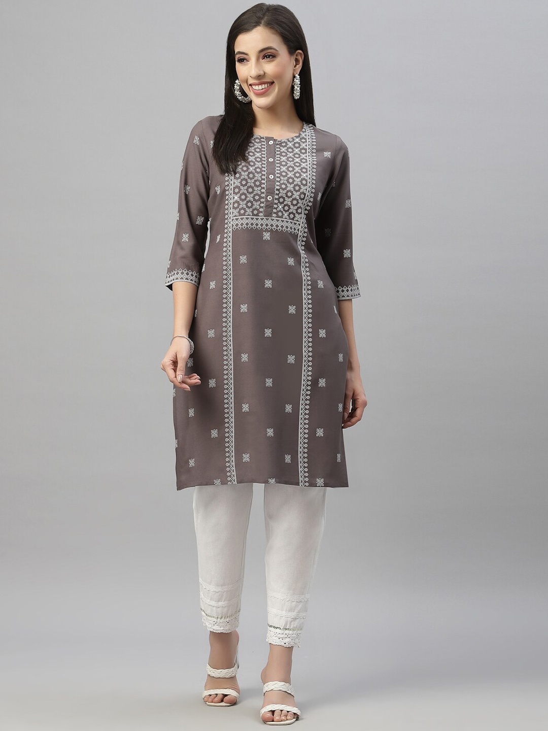 

Juniper Women Grey Geometric Printed Thread Work Kurta