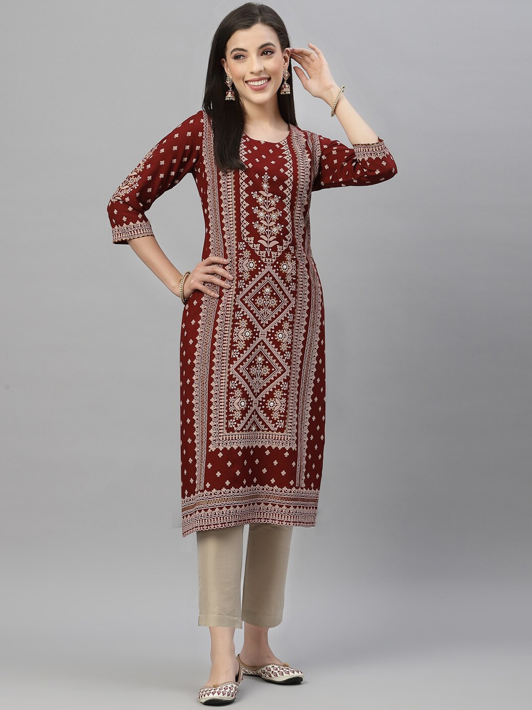 

Juniper Women Maroon & dapple gray Geometric Printed Flared Sleeves Kurta