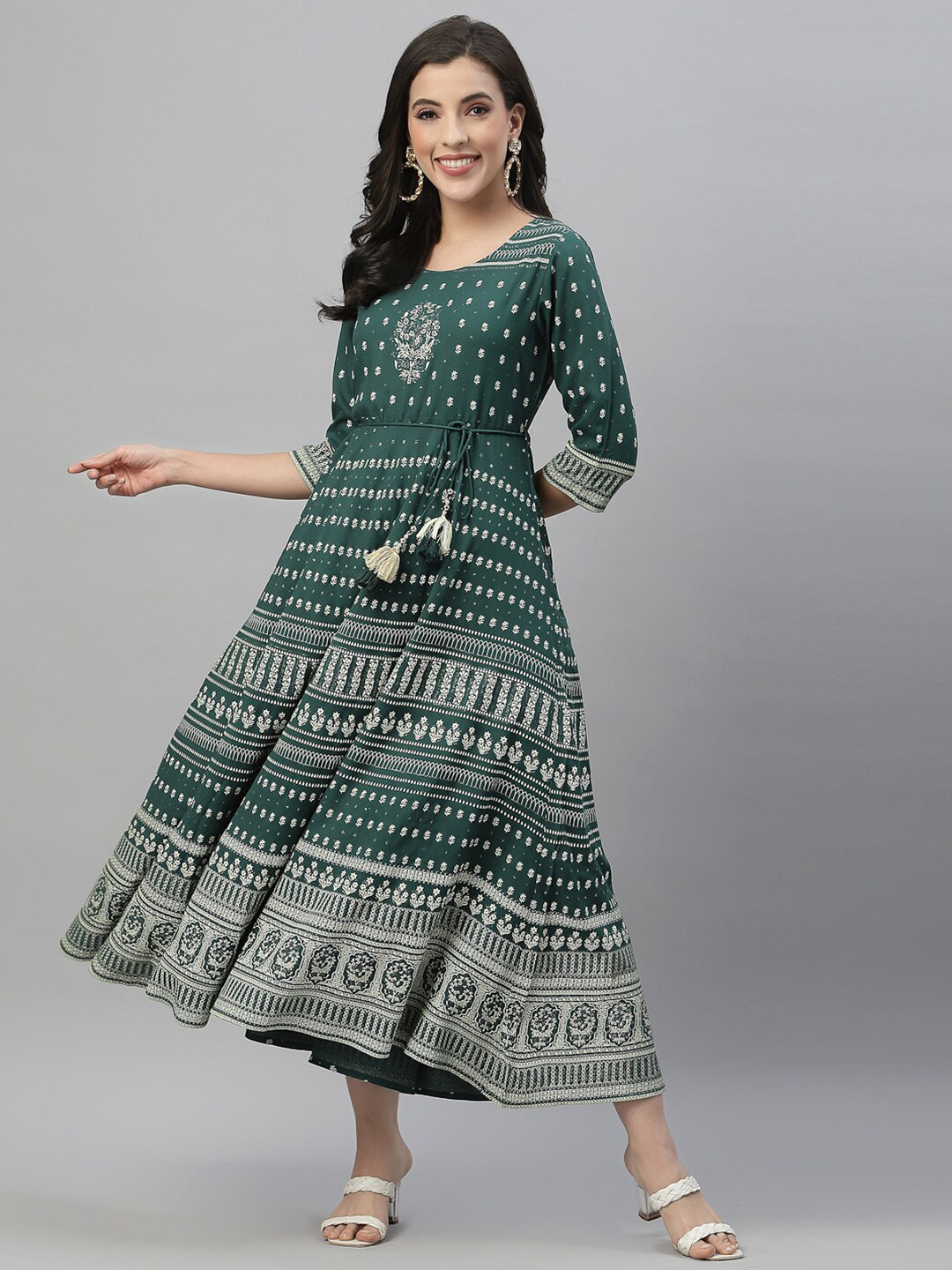 

Juniper Green Floral Ethnic Maxi Dress