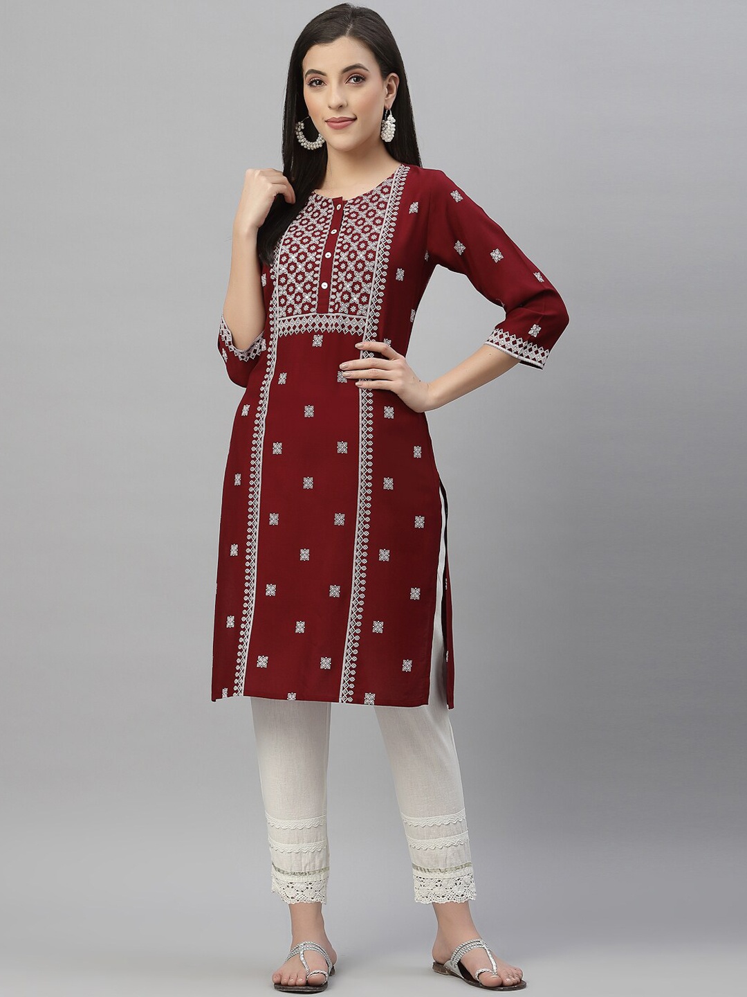 

Juniper Women Maroon Ethnic Motifs Embroidered Keyhole Neck Thread Work Kurta