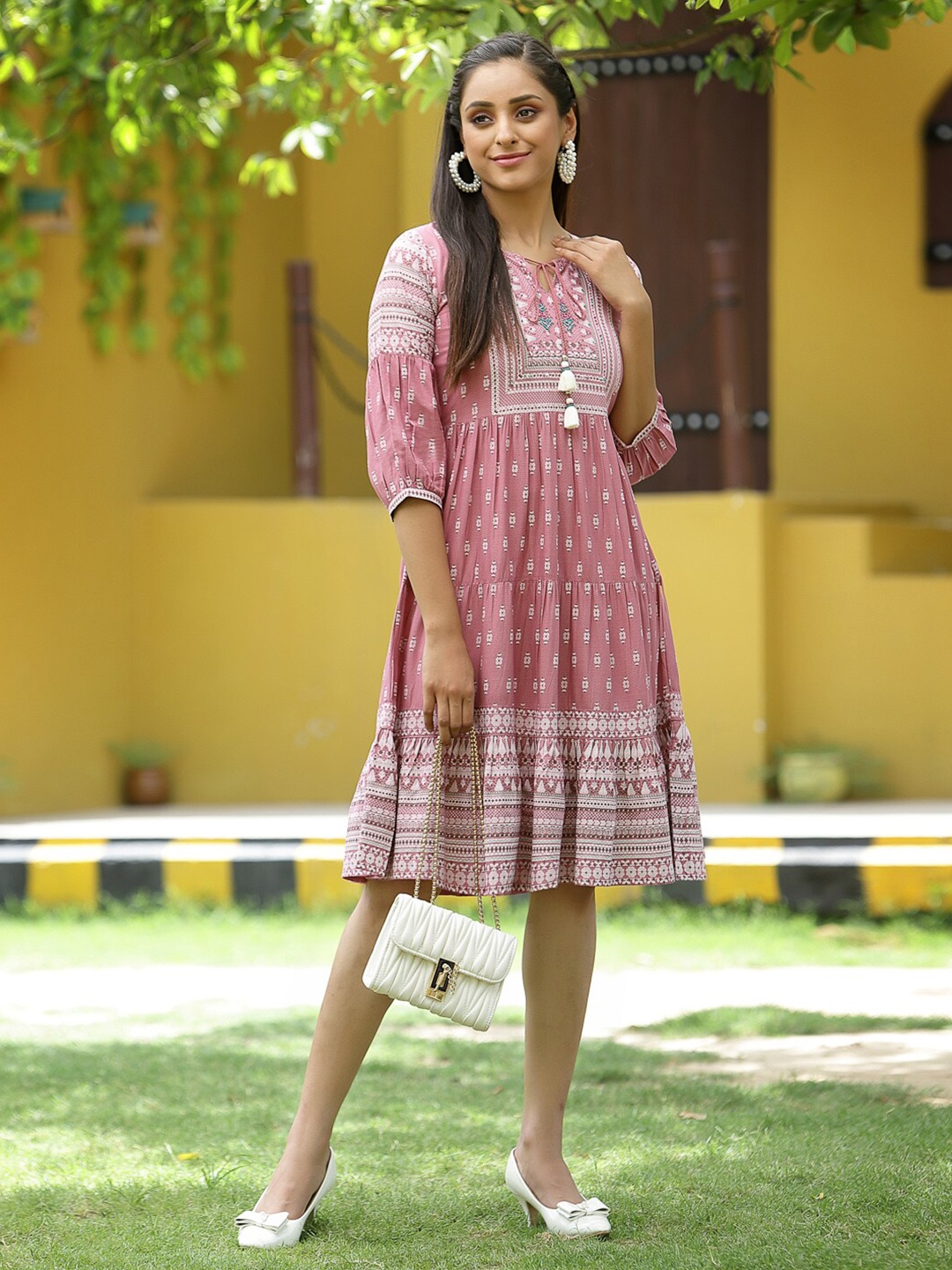 

Juniper Pink Floral Tiered Ethnic Dress