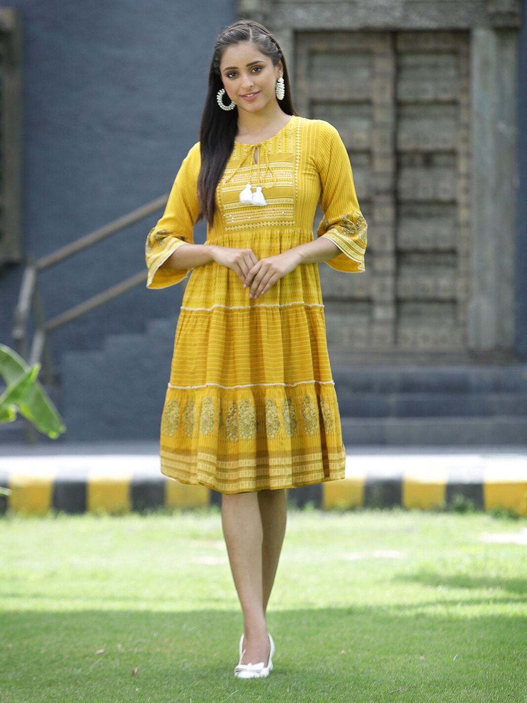 

Juniper Mustard Yellow Tiered Ethnic Dress