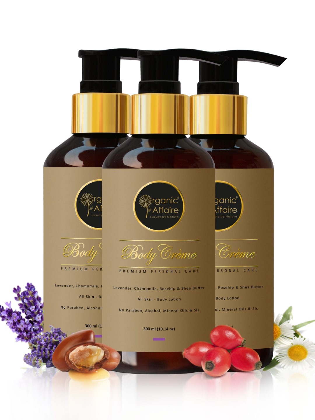 

Organic Affaire Set of 3 Paraben Free Body Creme with Lavender & Chamomile - 300 ml Each, Brown