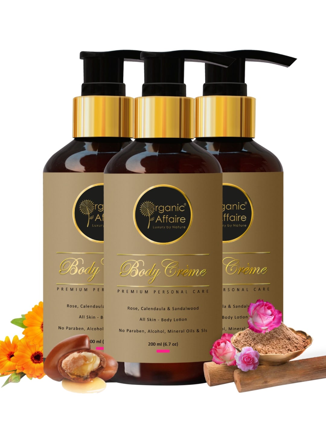 

Organic Affaire Set of 3 Paraben Free Body Creme Lotion with Rose & Calendula- 200 ml Each, Brown