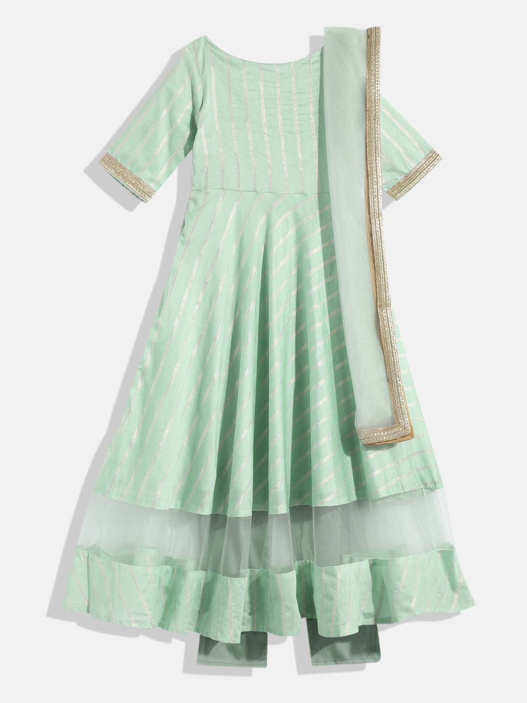 

Ethnovog Girls Green Striped Pleated Made To Measure Kurta with Pyjamas Dupatta