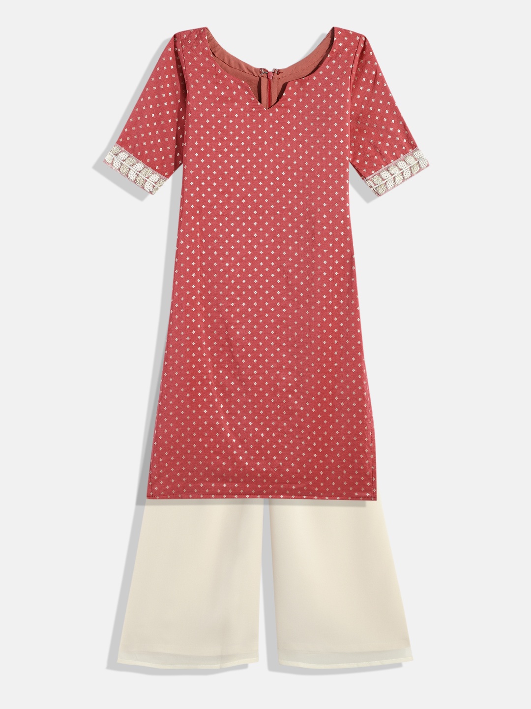 

Ethnovog Girls Maroon Off White Woven Design Made To Measure Kurta with Palazzos