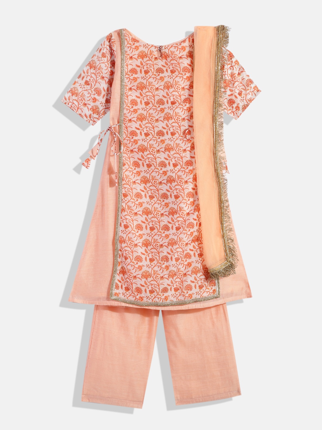 

Ethnovog Girls Peach-Coloured Floral Angrakha Made To Measure Kurta Palazzos Dupatta