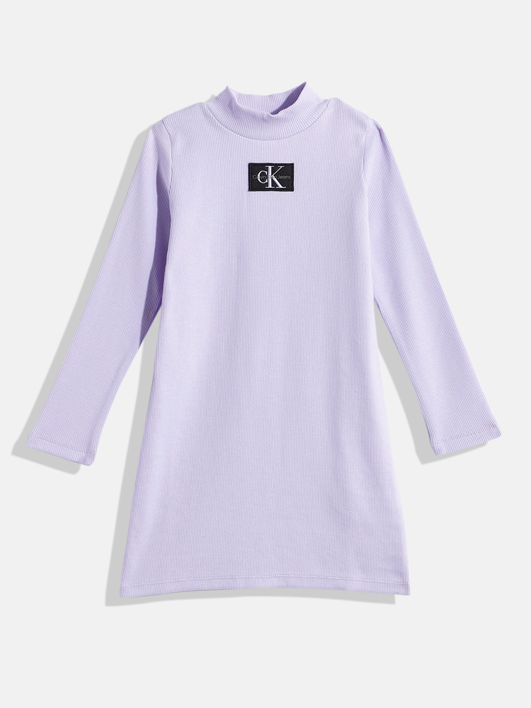 

Calvin Klein Jeans Girls Lavender Solid Ribbed A-Line Dress With Brand Logo Applique