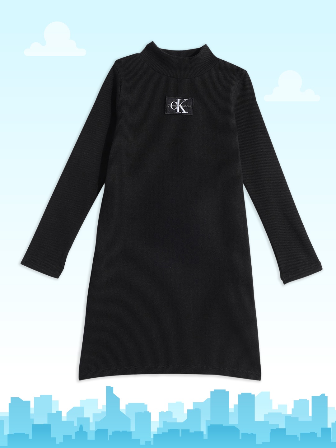 

Calvin Klein Jeans Girls Black Solid Ribbed A-Line Dress With Brand Logo Applique