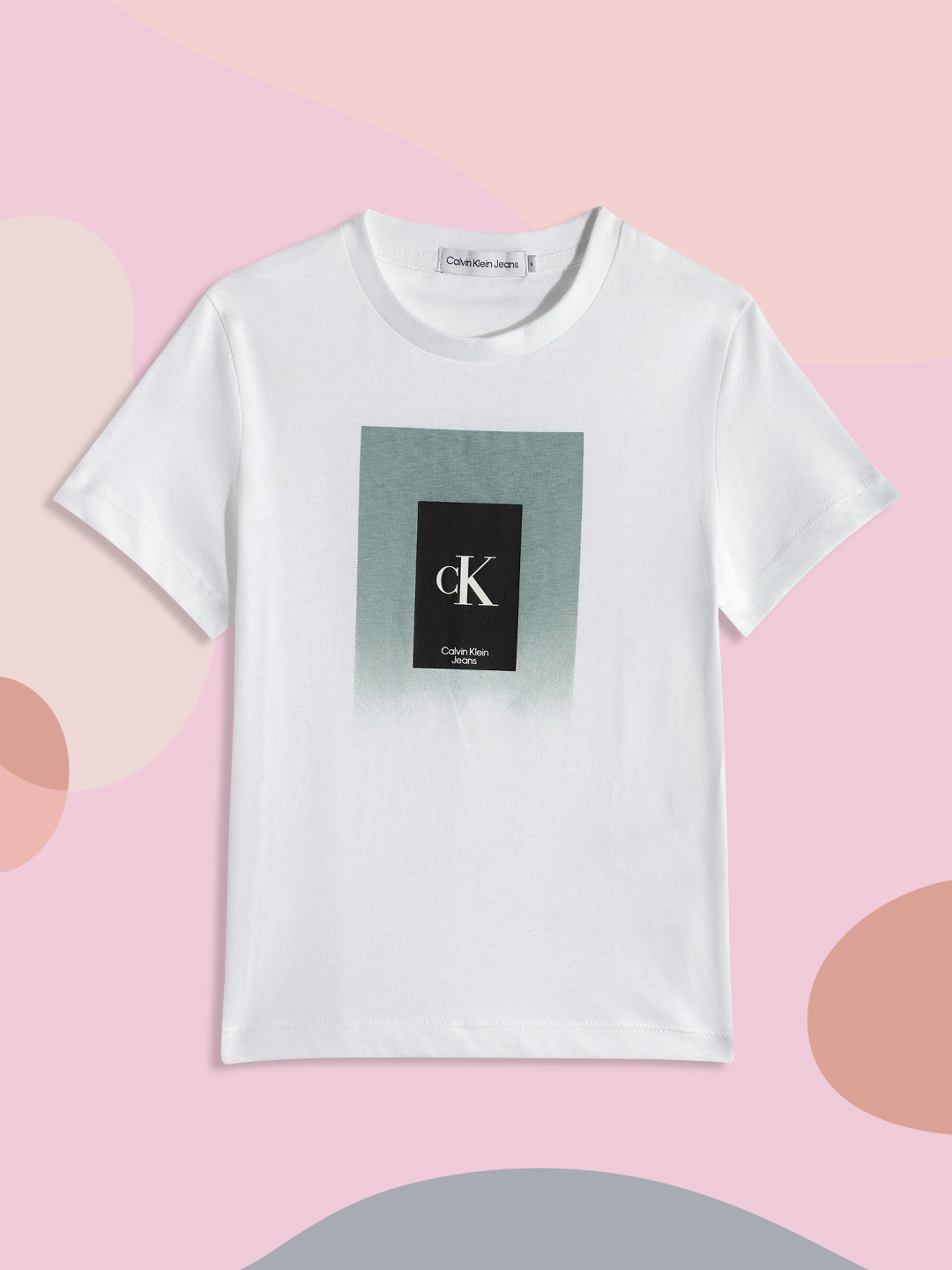 

Calvin Klein Jeans Boys White & Green Brand Logo Printed Pure Cotton T-shirt