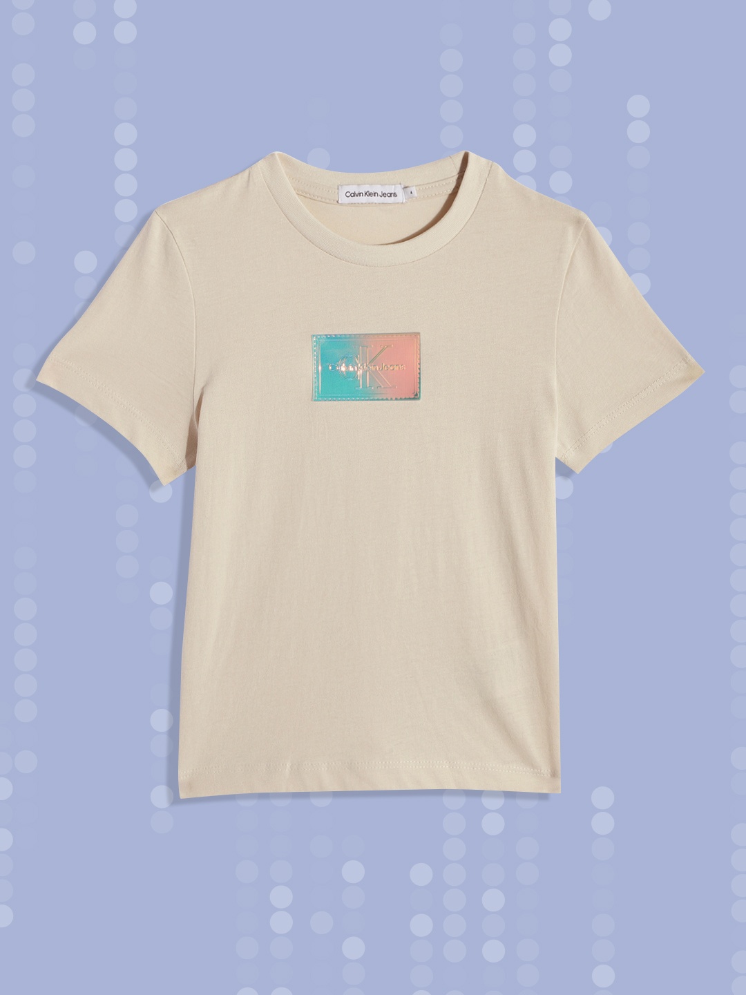 

Calvin Klein Jeans Boys Cream-Coloured Iridescent Brand Logo Organic Cotton T-shirt