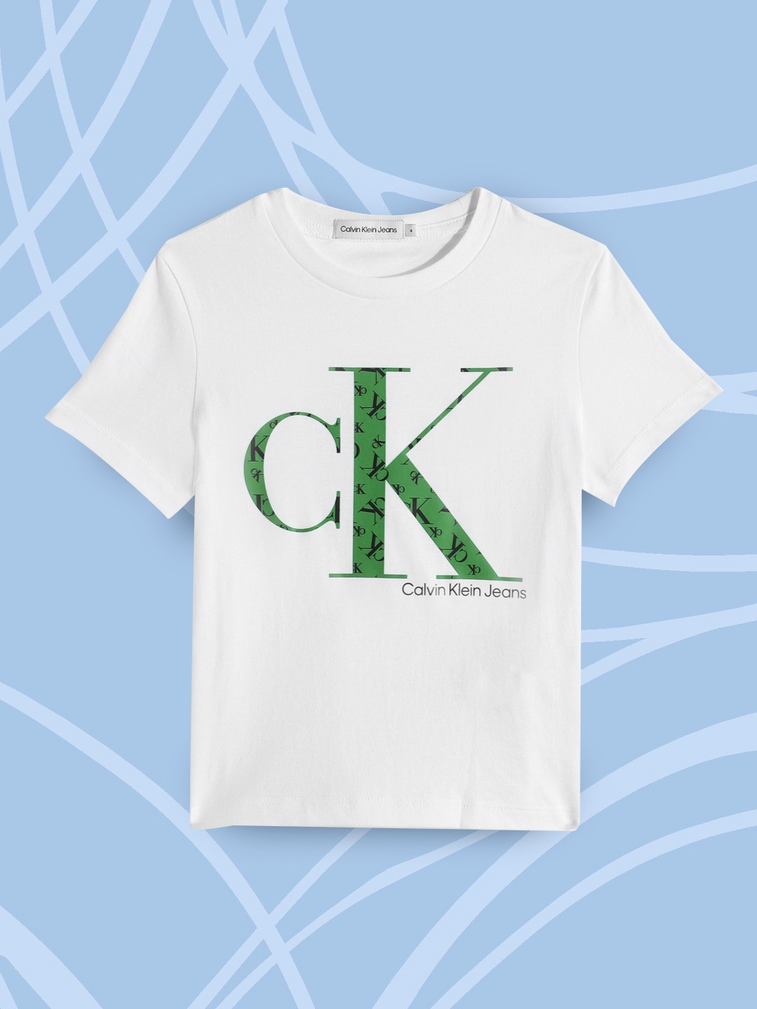 

Calvin Klein Jeans Boys White & Green Brand Logo Printed Pure Cotton T-shirt