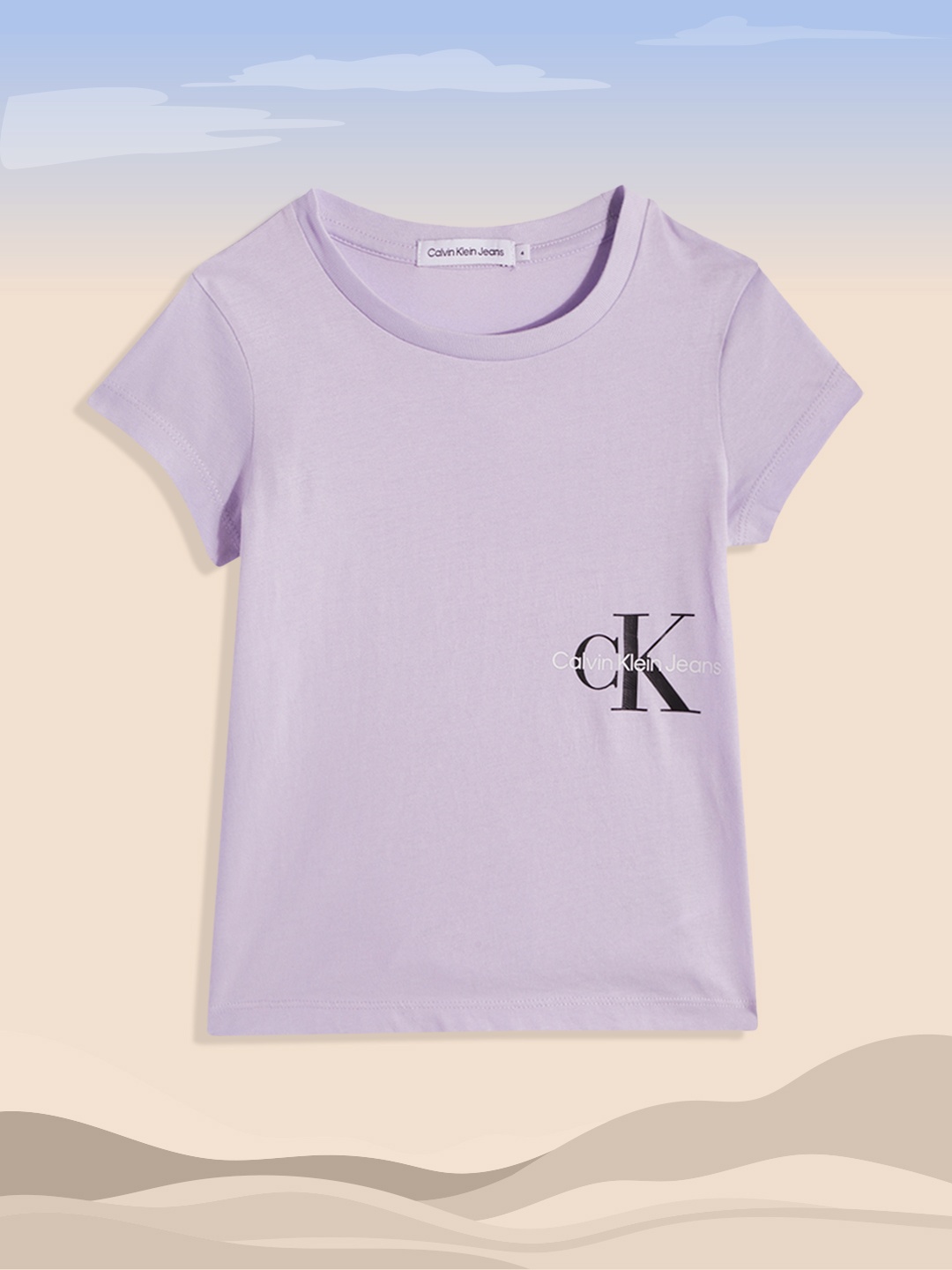 

Calvin Klein Jeans Girls Lavender Brand Logo Printed Organic Cotton T-shirt
