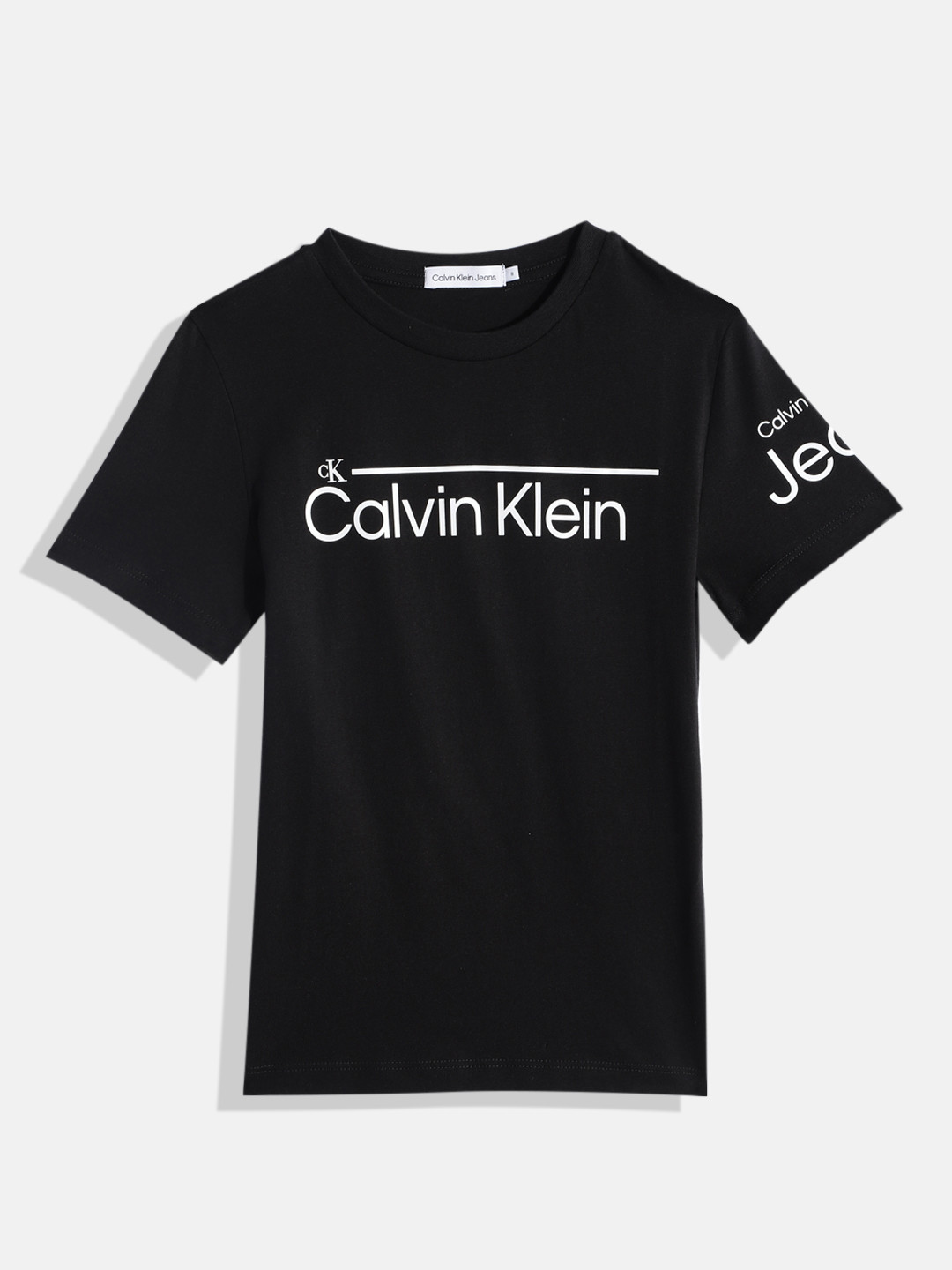 

Calvin Klein Jeans Boys Black & White Brand Logo Printed Pure Cotton T-shirt