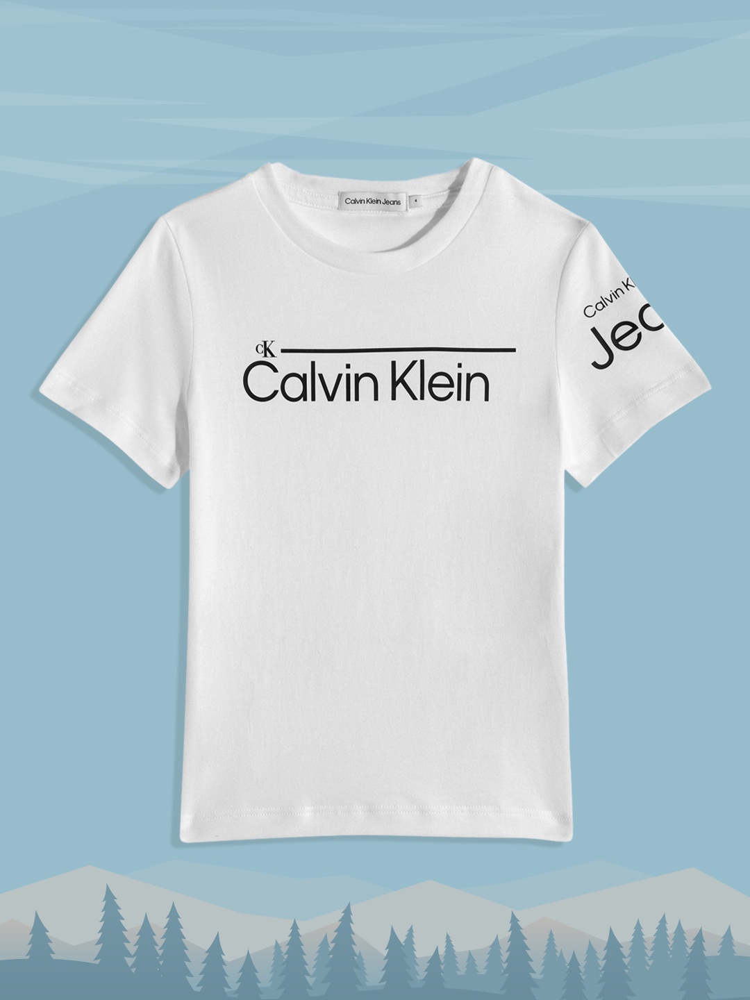 Calvin Klein Jeans Boys White & Black Brand Logo Printed Pure Cotton T-shirt