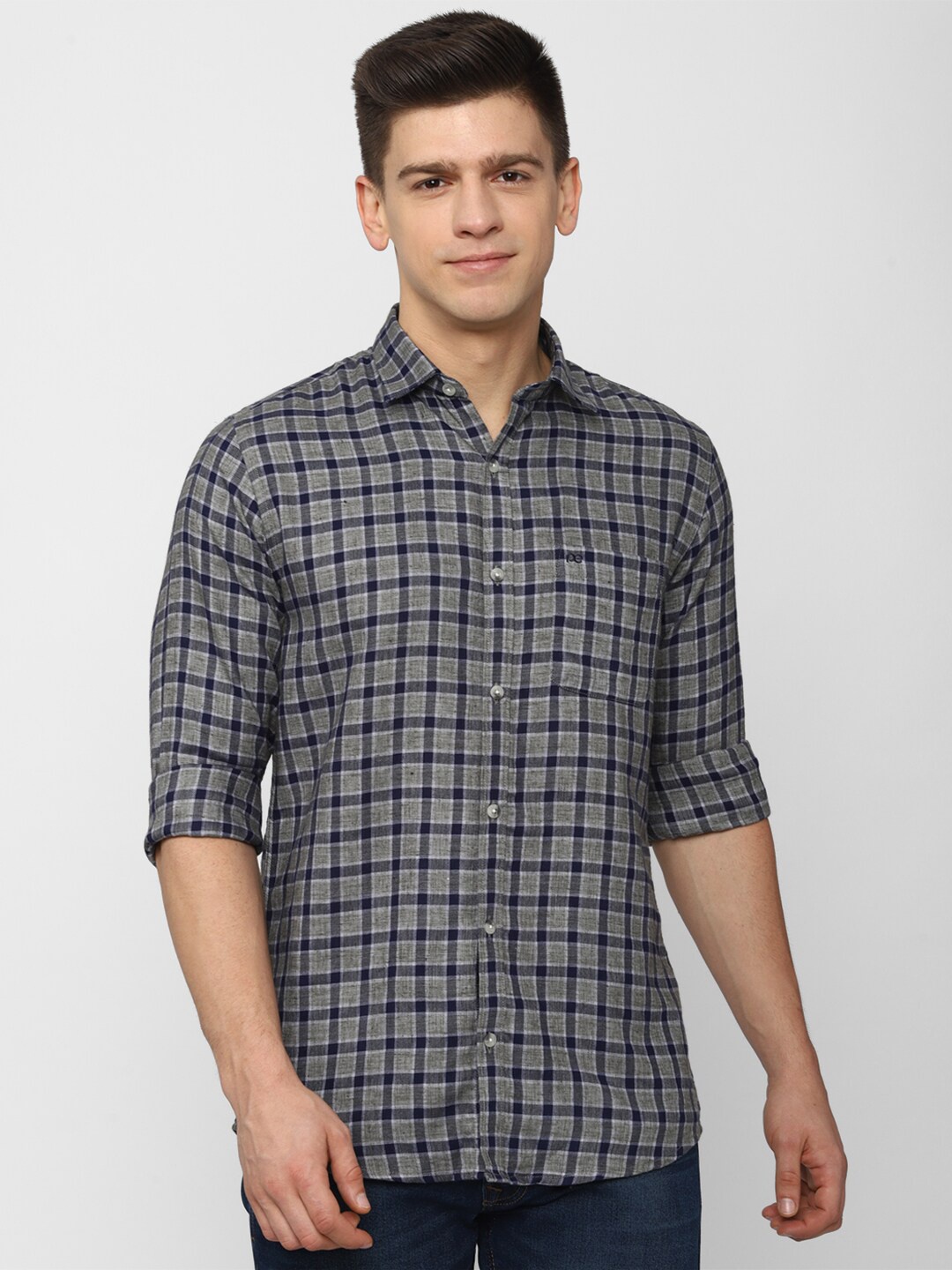 

Peter England Casuals Men Grey Slim Fit Tartan Checks Checked Casual Shirt