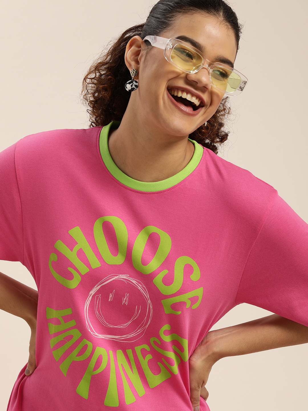

Difference of Opinion Women Pink & Green Typography Printed Pure Cotton Oversized T-shirt