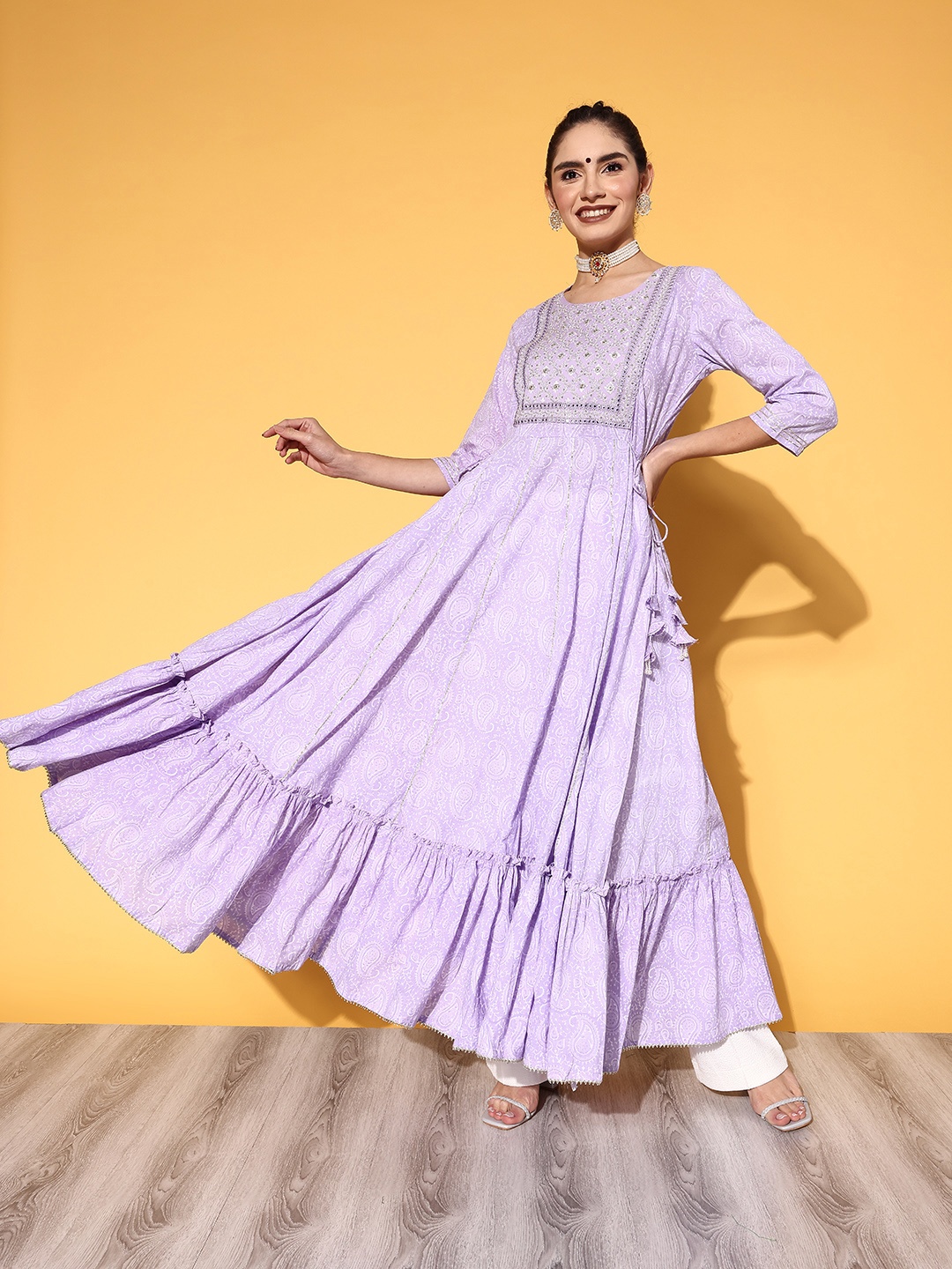 

Ishin Women Charming Lavender Cotton Swirling Volume Kurta