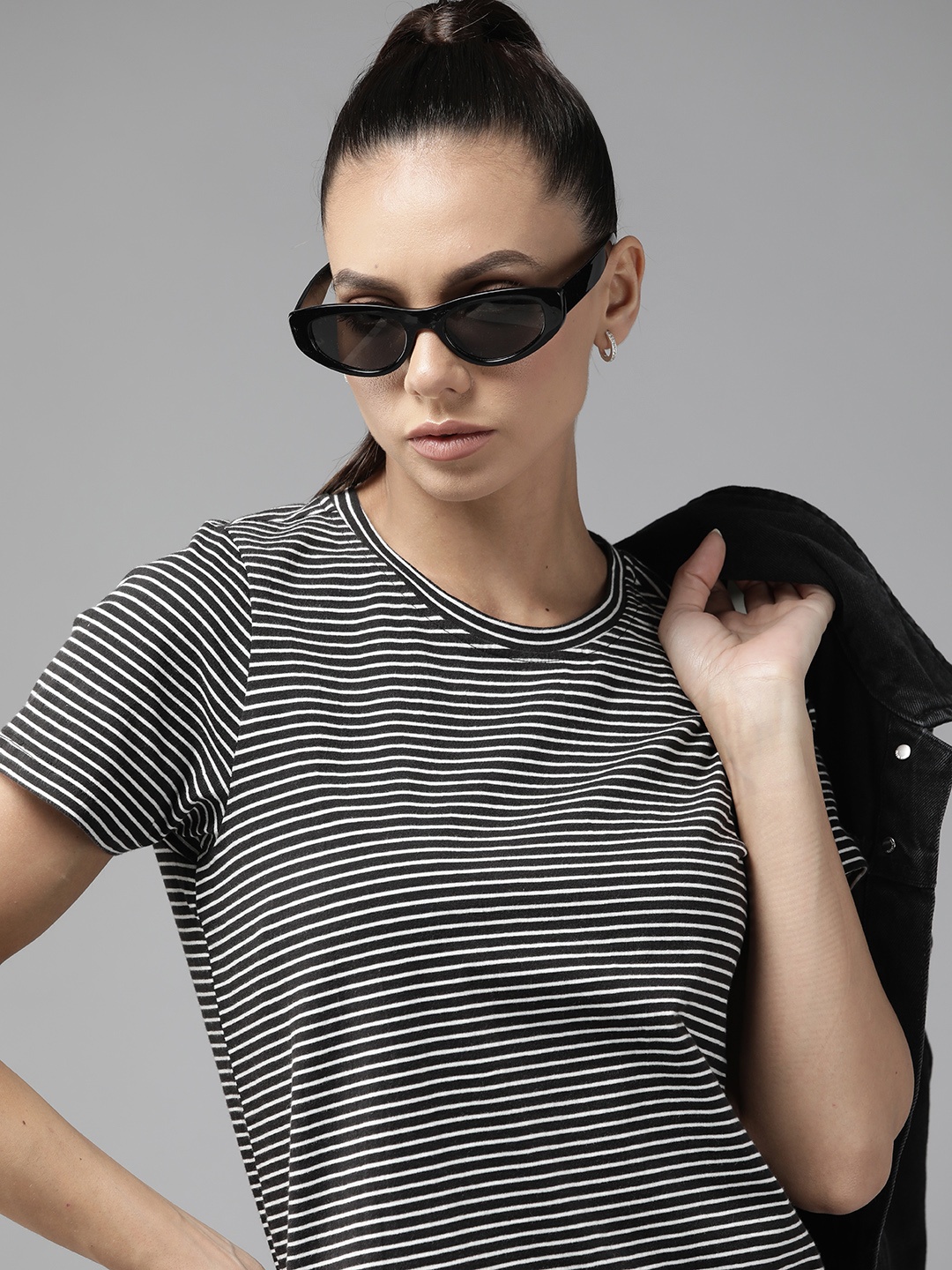 

Roadster Women Black & White Striped Pure Cotton T-shirt