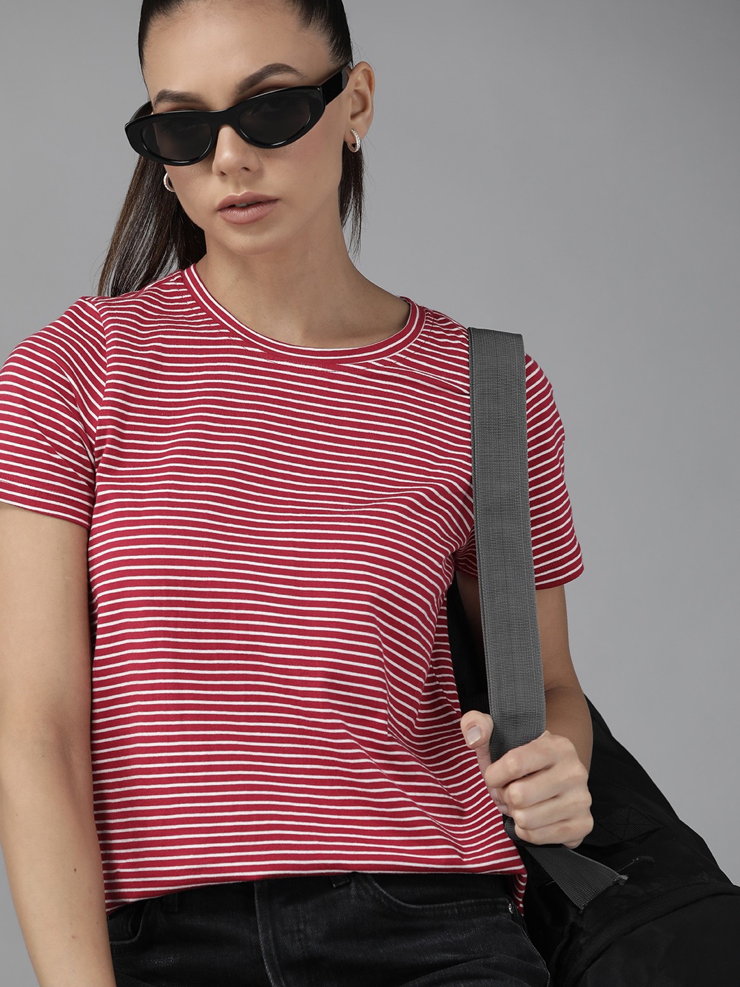 

Roadster Women Red & White Striped Pure Cotton T-shirt