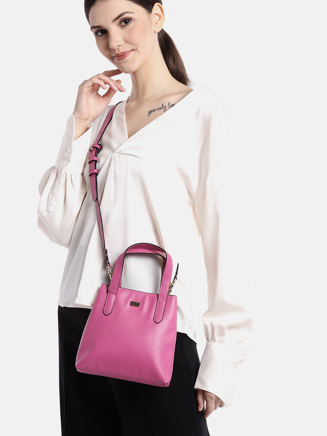 

Berrylush Pink Solid Structured Handheld Bag with Detachable Sling Strap