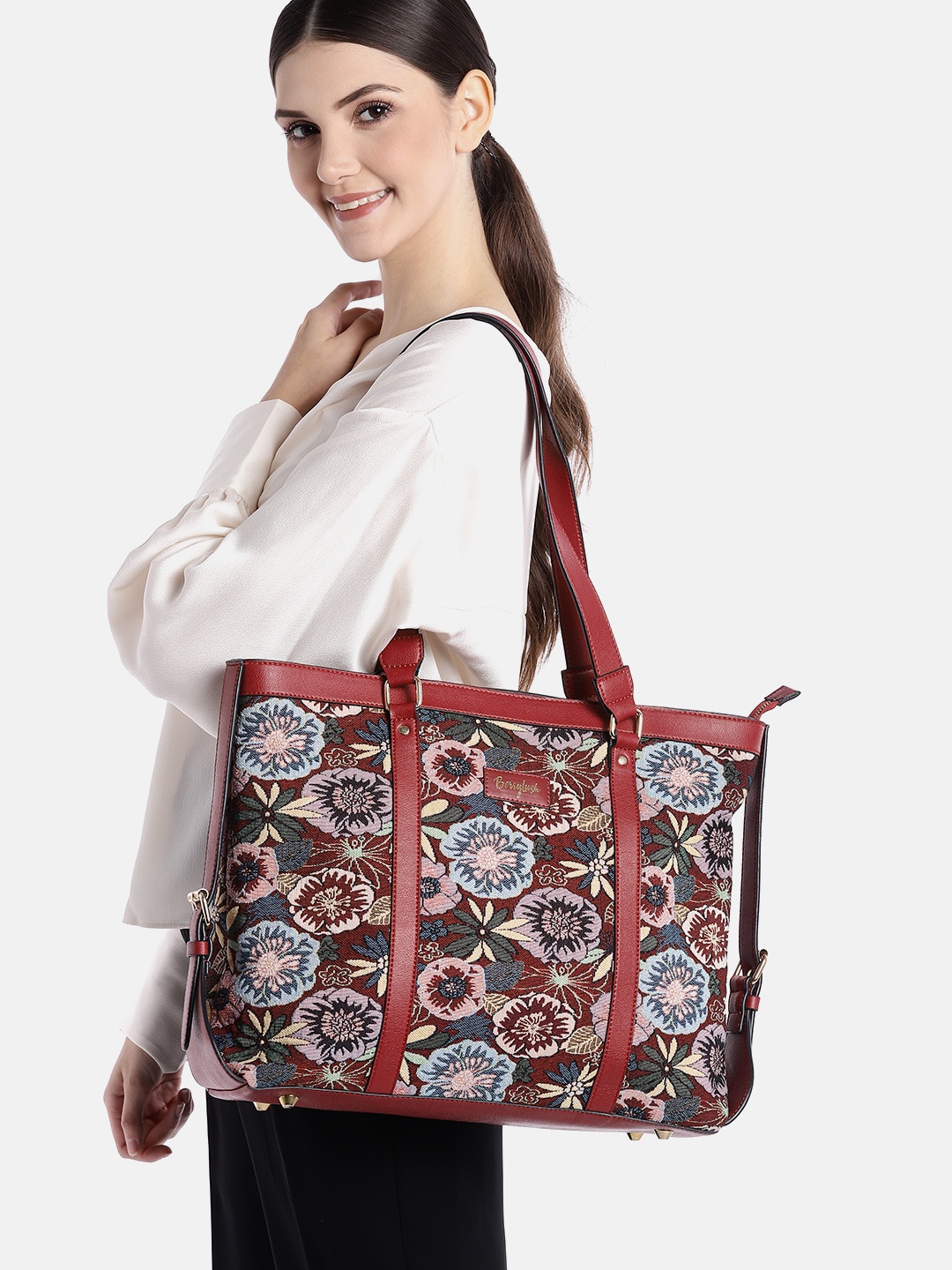 

Berrylush Red & Blue Floral Embroidered Shoulder Laptop Bag