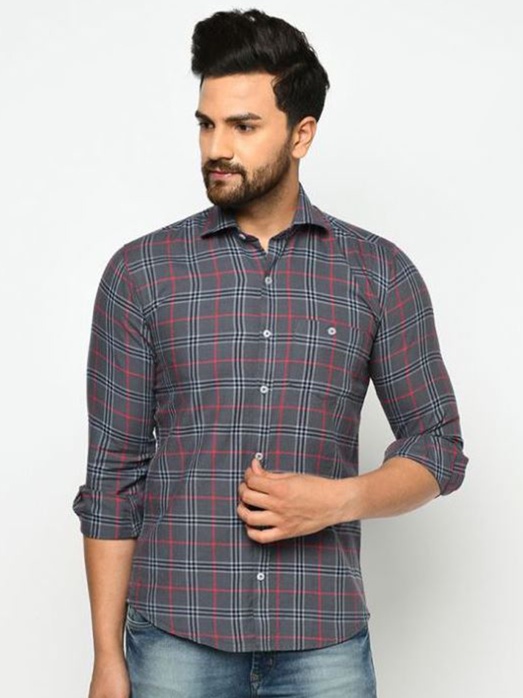 

JOLLY'S Men Grey Straight Tartan Checks Checked Casual Shirt