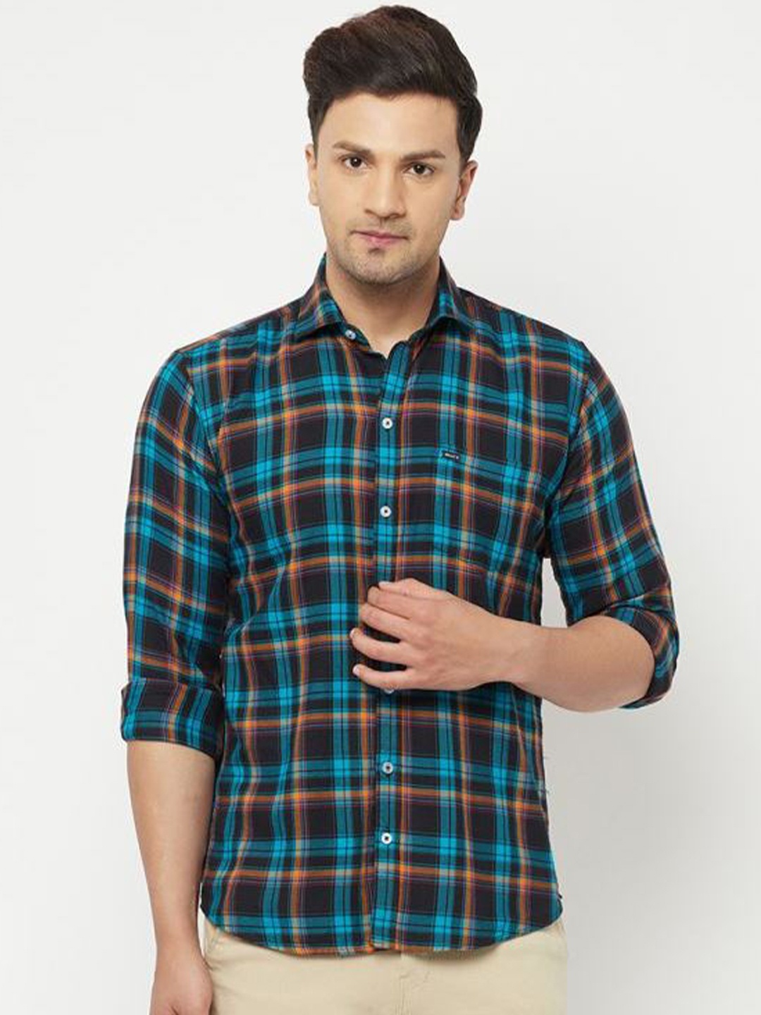 

JOLLY'S Men Blue Straight Tartan Checks Checked Casual Shirt