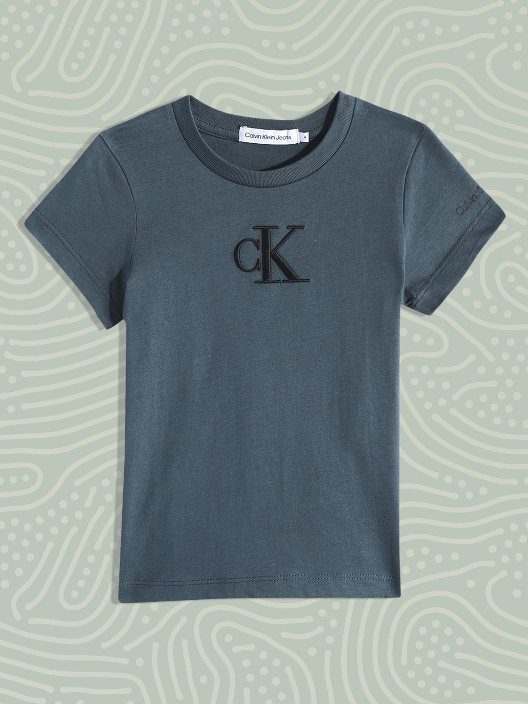 

Calvin Klein Jeans Girls Teal Blue Brand Logo Embroidered Pure Cotton T-shirt